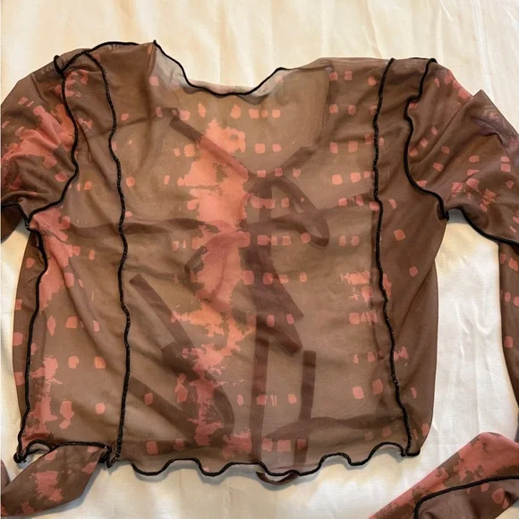 Boohoo Sheer Mesh Long Sleeve Top Size 6 Brown Pink Y2K Aesthetic - Picture 4 of 8